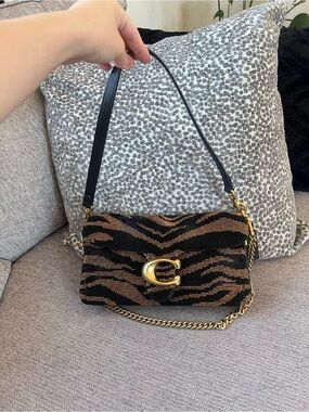 Coach Black and Brown Tiger-Print Beaded Tabby 26 Shoulder Bag Gold Hardware